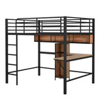 Whisen Lit mezzanine moderne en métal et bois, taille double, 77,2 po L x 56 po l, avec bureau en forme de L et étagères, design multifonctionnel - Noir et Noyer