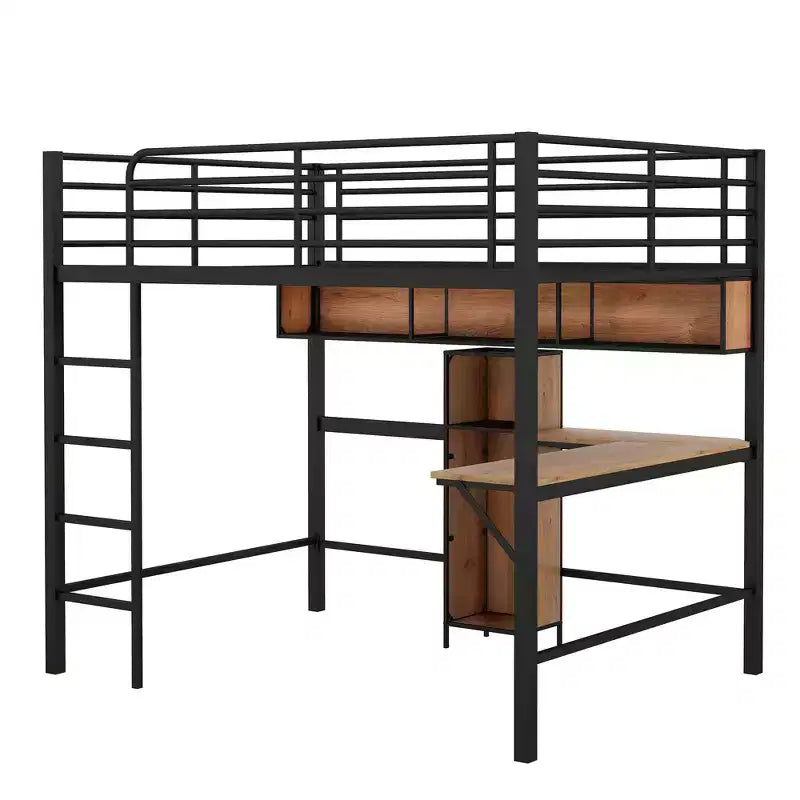 Whisen Lit mezzanine moderne en métal et bois, taille double, 77,2 po L x 56 po l, avec bureau en forme de L et étagères, design multifonctionnel - Noir et Noyer