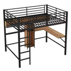 Whisen Lit mezzanine moderne en métal et bois, taille double, 77,2 po L x 56 po l, avec bureau en forme de L et étagères, design multifonctionnel - Noir et Noyer