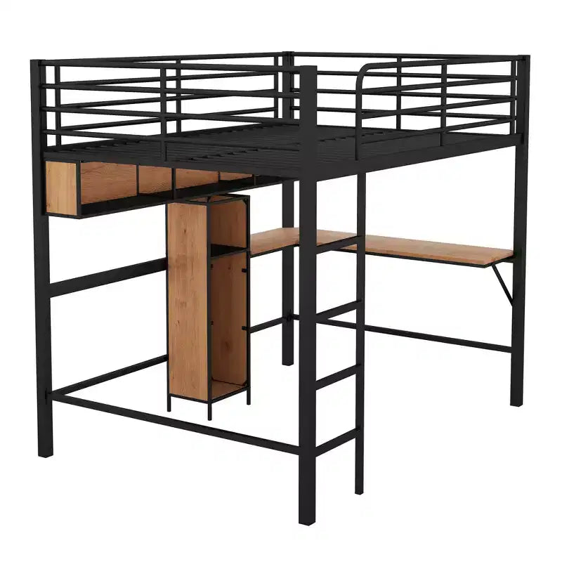 Whisen Lit mezzanine moderne en métal et bois, taille double, 77,2 po L x 56 po l, avec bureau en forme de L et étagères, design multifonctionnel - Noir et Noyer