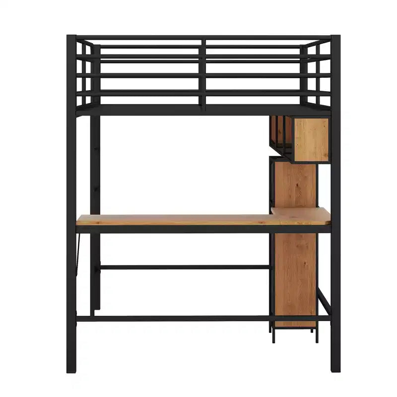 Whisen Lit mezzanine moderne en métal et bois, taille double, 77,2 po L x 56 po l, avec bureau en forme de L et étagères, design multifonctionnel - Noir et Noyer