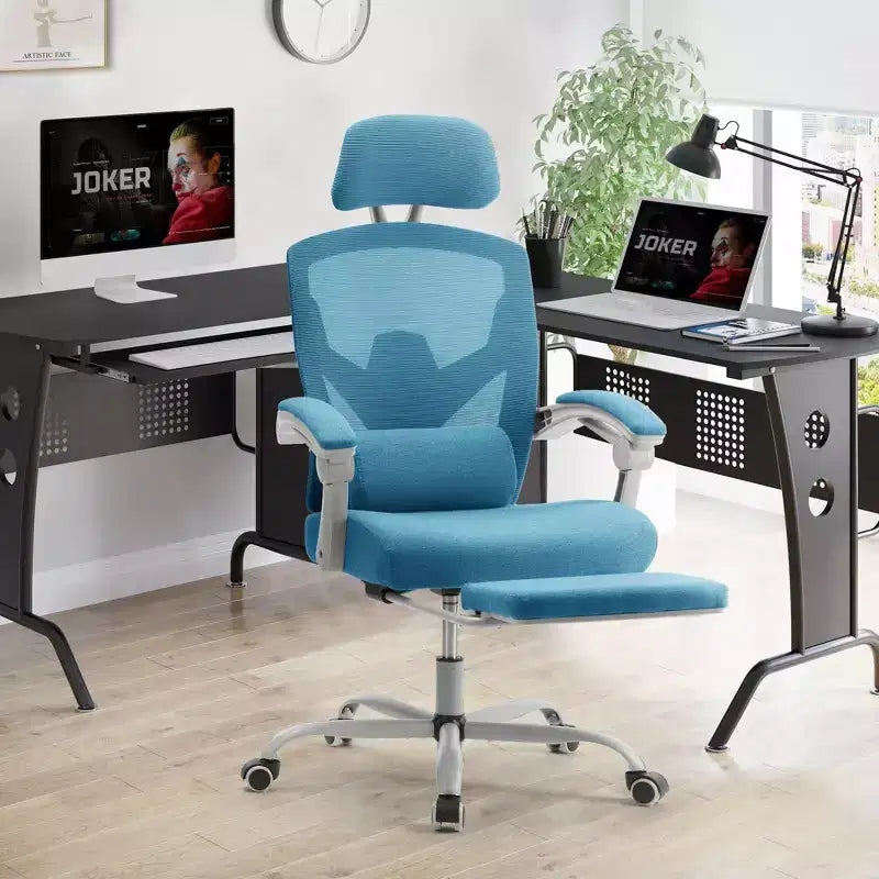 Chaise de jeu ergonomique en maille JIONJOY avec repose-pieds – Inclinaison de 90 à 135°, support lombaire et appui-tête réglables