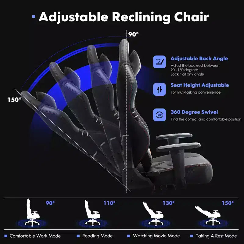 Chaise de jeu en cuir PU anti-transpiration avec accoudoirs fixes, support lombaire ergonomique et double accoudoir et repose-pieds