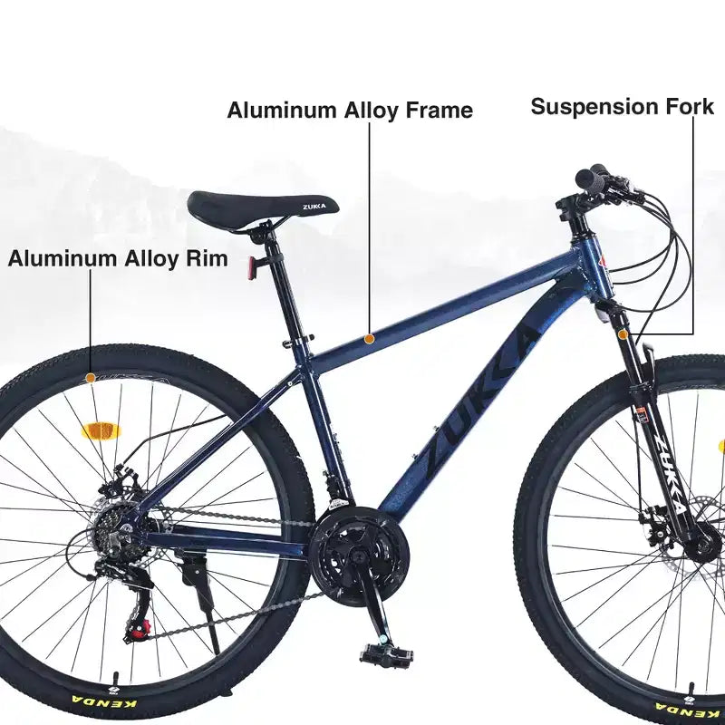 VTT 27,5 pouces, cadre en alliage d'aluminium, 21 vitesses, avec double frein à disque et fourche suspendue pour femmes et hommes, idéal pour la ville et les sentiers.