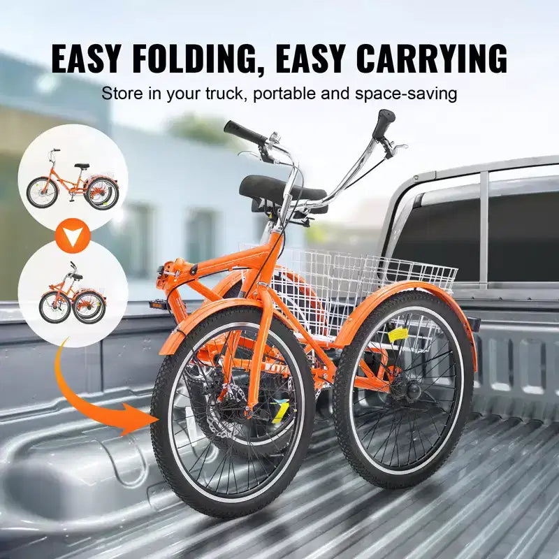 Tricycle pliant VEVOR pour adultes, Tricycles pliants pour adultes 20 pouces, Vélo cruiser à 3 roues léger en alliage d'aluminium avec grand panier arrière