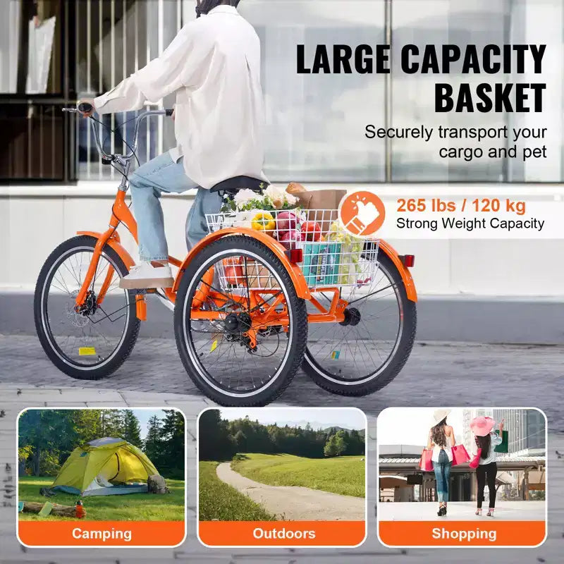 Tricycle pliant VEVOR pour adultes, Tricycles pliants pour adultes 20 pouces, Vélo cruiser à 3 roues léger en alliage d'aluminium avec grand panier arrière