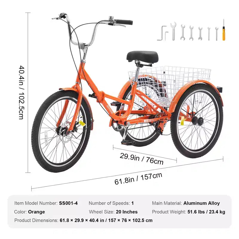 Tricycle pliant VEVOR pour adultes, Tricycles pliants pour adultes 20 pouces, Vélo cruiser à 3 roues léger en alliage d'aluminium avec grand panier arrière