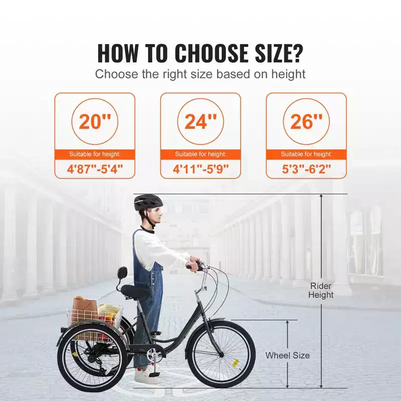 Vélo tricycle VEVOR pour adultes, trikes pour adultes à 7 vitesses, vélos à trois roues de 24 pouces, vélo cruiser en acier au carbone avec panier et siège réglable