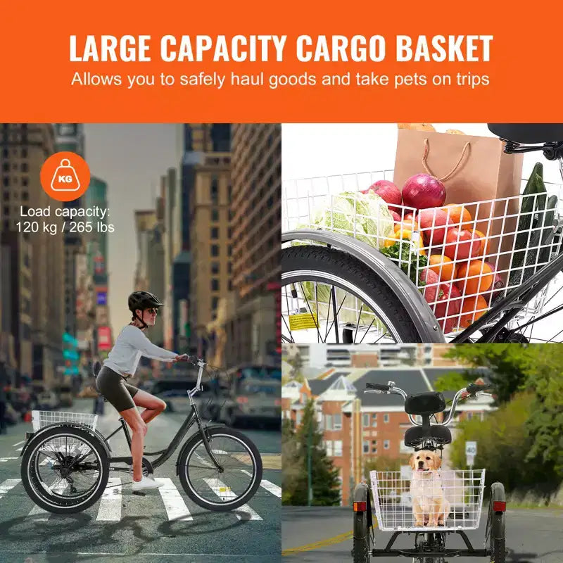 Vélo tricycle VEVOR pour adultes, trikes pour adultes à 7 vitesses, vélos à trois roues de 24 pouces, vélo cruiser en acier au carbone avec panier et siège réglable