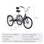 Vélo tricycle VEVOR pour adultes, trikes pour adultes à 7 vitesses, vélos à trois roues de 24 pouces, vélo cruiser en acier au carbone avec panier et siège réglable
