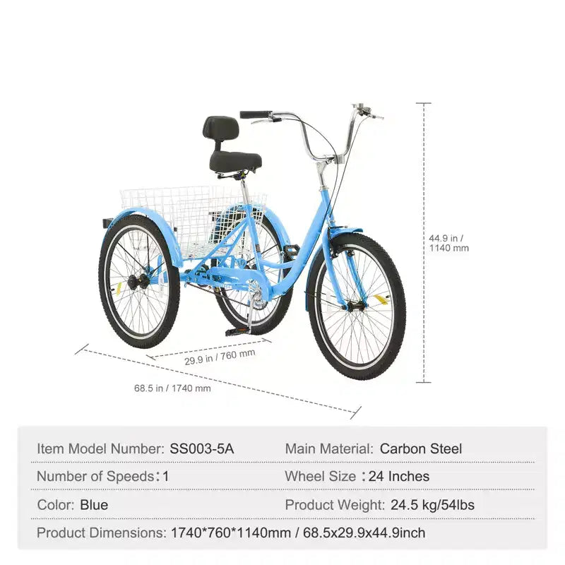 VEVOR Tricycles pour adultes, vélos à trois roues de 24 pouces, tricycles à 3 roues, vélo de croisière en acier au carbone avec panier et siège réglable