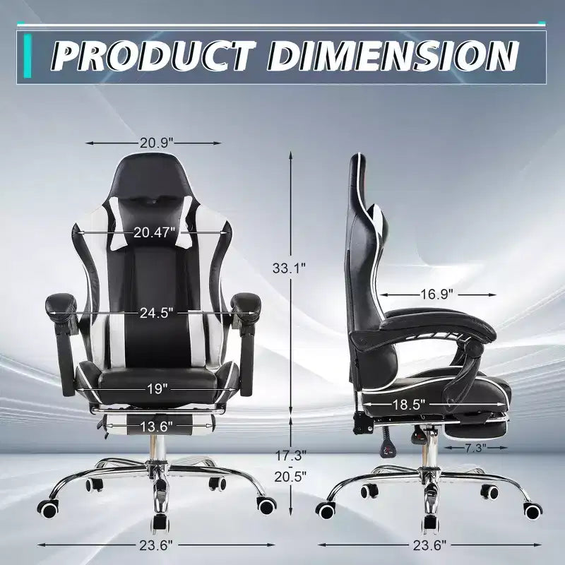 Chaise de jeu inclinable VECELO, Chaise de jeu ergonomique en similicuir réglable en hauteur avec repose-pieds et soutien lombaire, Noir