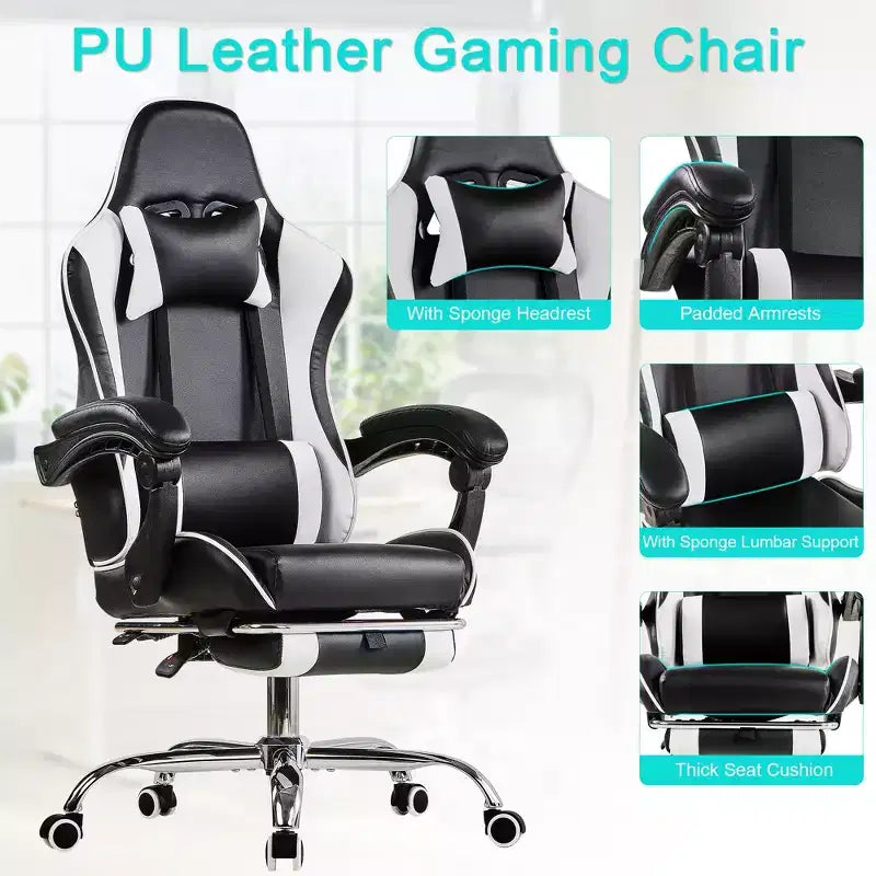 Chaise de jeu inclinable VECELO, Chaise de jeu ergonomique en similicuir réglable en hauteur avec repose-pieds et soutien lombaire, Noir