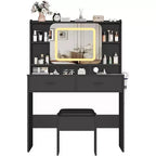 Coiffeuse Acekool avec miroir coulissant, éclairage tactile, station de charge, 2 tiroirs et étagères, tabouret, table de maquillage pour chambre à coucher