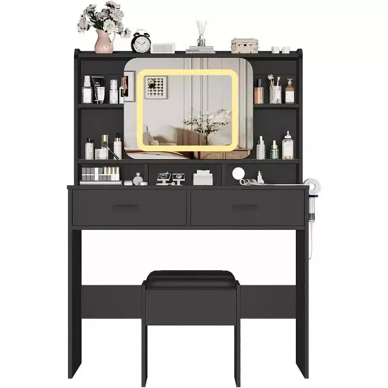 Coiffeuse Acekool avec miroir coulissant, éclairage tactile, station de charge, 2 tiroirs et étagères, tabouret, table de maquillage pour chambre à coucher