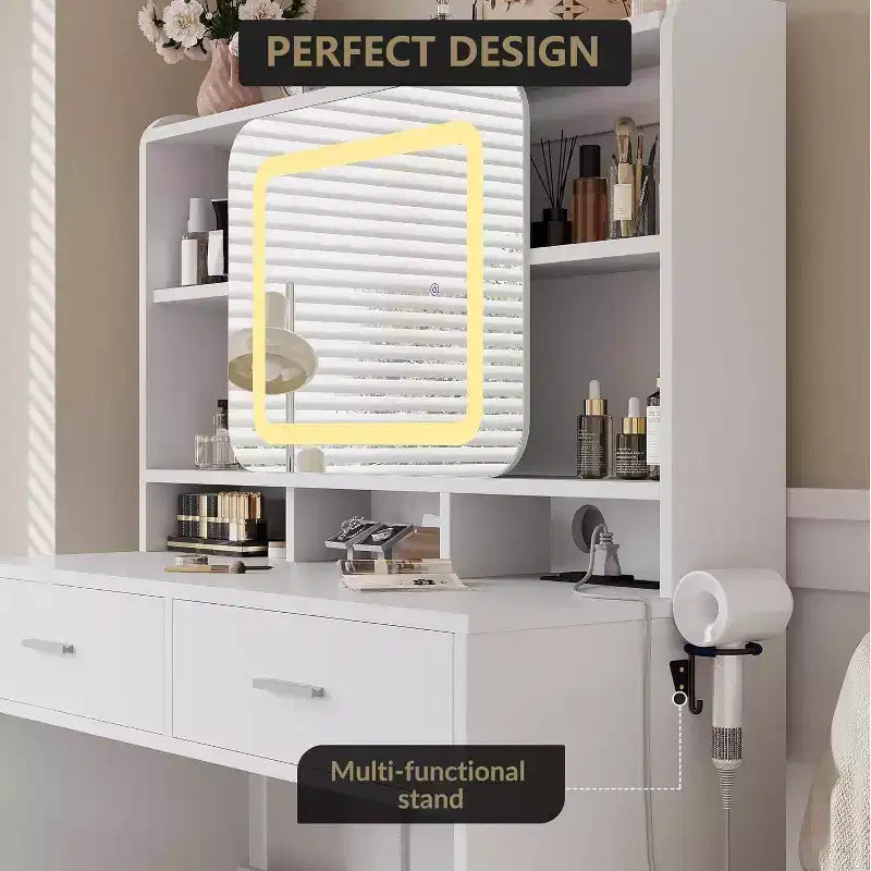 Coiffeuse Acekool avec miroir coulissant, éclairage tactile, station de charge, 2 tiroirs et étagères, tabouret, table de maquillage pour chambre à coucher
