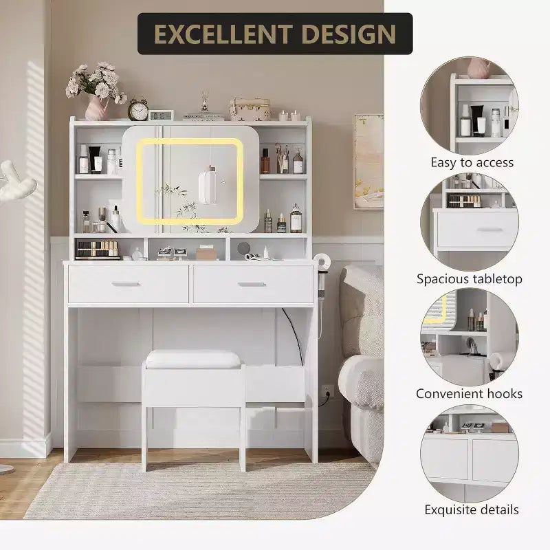 Coiffeuse Acekool avec miroir coulissant, éclairage tactile, station de charge, 2 tiroirs et étagères, tabouret, table de maquillage pour chambre à coucher