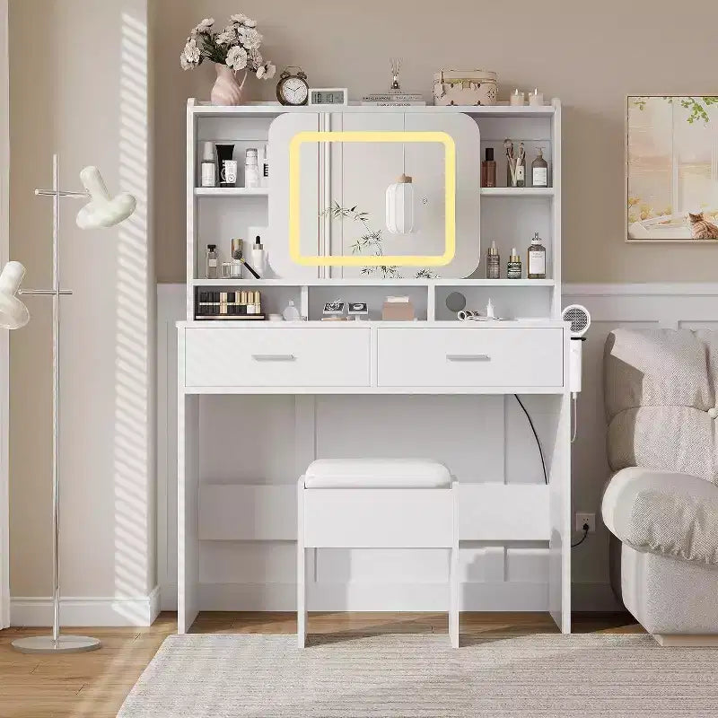 Coiffeuse Acekool avec miroir coulissant, éclairage tactile, station de charge, 2 tiroirs et étagères, tabouret, table de maquillage pour chambre à coucher