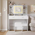 Coiffeuse Acekool avec miroir coulissant, éclairage tactile, station de charge, 2 tiroirs et étagères, tabouret, table de maquillage pour chambre à coucher