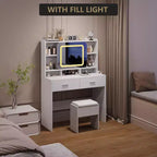 Coiffeuse Acekool avec miroir coulissant, éclairage tactile, station de charge, 2 tiroirs et étagères, tabouret, table de maquillage pour chambre à coucher