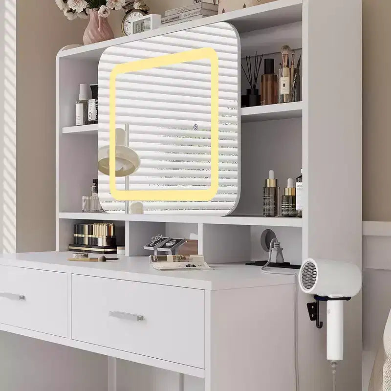 Coiffeuse Acekool avec miroir coulissant, éclairage tactile, station de charge, 2 tiroirs et étagères, tabouret, table de maquillage pour chambre à coucher