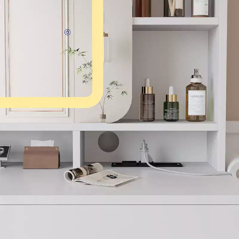Coiffeuse Acekool avec miroir coulissant, éclairage tactile, station de charge, 2 tiroirs et étagères, tabouret, table de maquillage pour chambre à coucher