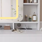 Coiffeuse Acekool avec miroir coulissant, éclairage tactile, station de charge, 2 tiroirs et étagères, tabouret, table de maquillage pour chambre à coucher