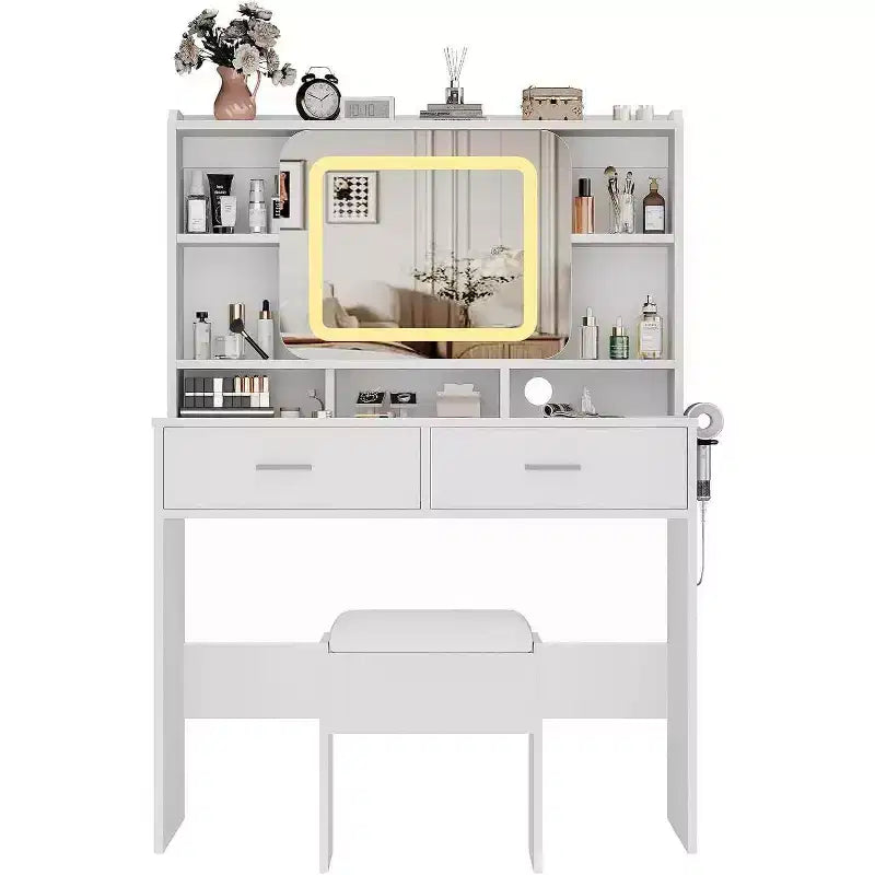 Coiffeuse Acekool avec miroir coulissant, éclairage tactile, station de charge, 2 tiroirs et étagères, tabouret, table de maquillage pour chambre à coucher