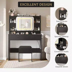 Coiffeuse Acekool avec miroir coulissant, éclairage tactile, station de charge, 2 tiroirs et étagères, tabouret, table de maquillage pour chambre à coucher