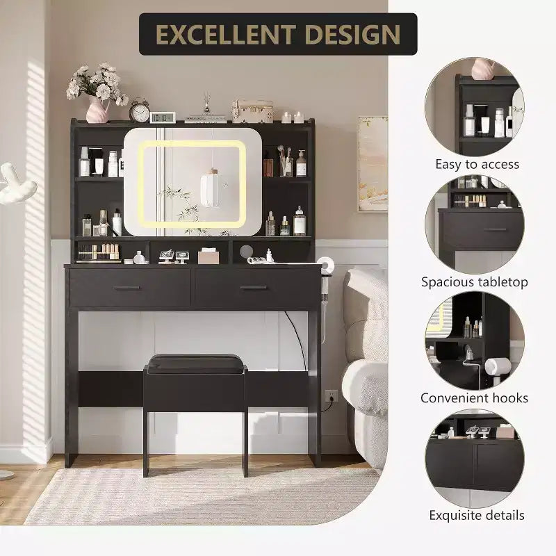 Coiffeuse Acekool avec miroir coulissant, éclairage tactile, station de charge, 2 tiroirs et étagères, tabouret, table de maquillage pour chambre à coucher