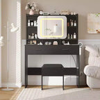 Coiffeuse Acekool avec miroir coulissant, éclairage tactile, station de charge, 2 tiroirs et étagères, tabouret, table de maquillage pour chambre à coucher
