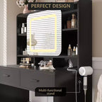 Coiffeuse Acekool avec miroir coulissant, éclairage tactile, station de charge, 2 tiroirs et étagères, tabouret, table de maquillage pour chambre à coucher