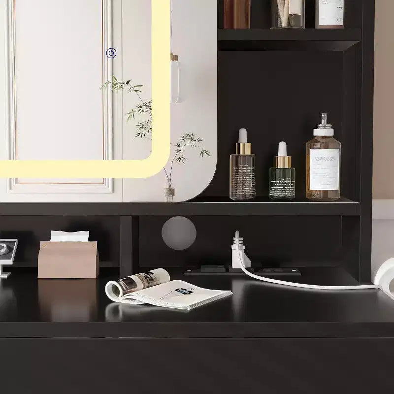 Coiffeuse Acekool avec miroir coulissant, éclairage tactile, station de charge, 2 tiroirs et étagères, tabouret, table de maquillage pour chambre à coucher