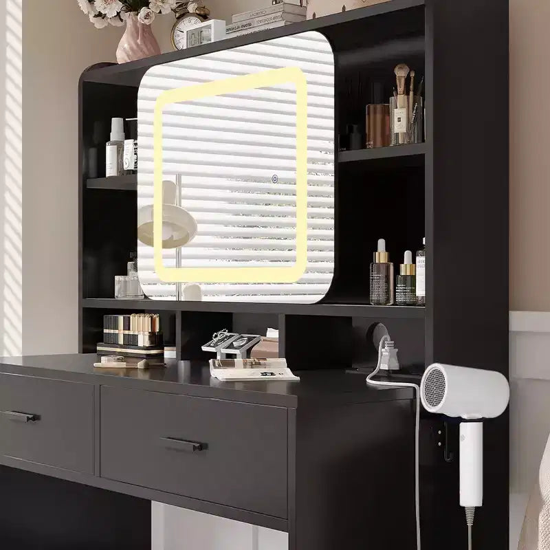 Coiffeuse Acekool avec miroir coulissant, éclairage tactile, station de charge, 2 tiroirs et étagères, tabouret, table de maquillage pour chambre à coucher