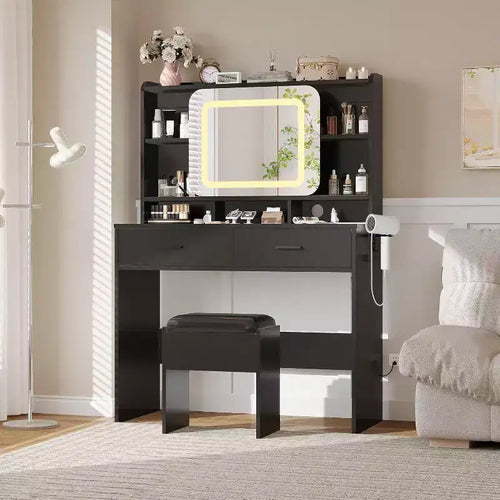 Acekool Dressers Vanity Desk with Sliding Mirror, Touch Lighting, Charging Station, 2 Drawers & Shelves, Stool, Bedroom Makeup Table