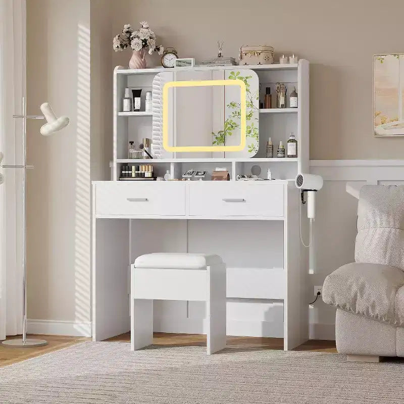 Coiffeuse Acekool avec miroir coulissant, éclairage tactile, station de charge, 2 tiroirs et étagères, tabouret, table de maquillage pour chambre à coucher