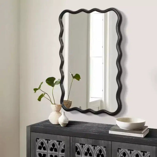40 x 28 Solid Wood Wavy Rectangle Mirror-Black for Bathroom, Bedroom, Living Room, Dining Room, Cloakroom, Entryway