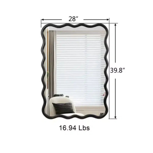 Miroir rectangulaire ondulé en bois massif noir 40 x 28 pour salle de bain, chambre, salon, salle à manger, vestiaire, entrée