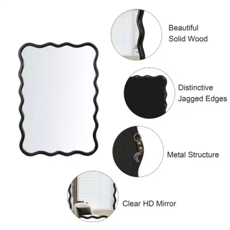 Miroir rectangulaire ondulé en bois massif noir 40 x 28 pour salle de bain, chambre, salon, salle à manger, vestiaire, entrée