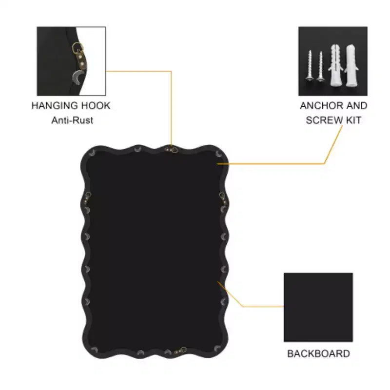 Miroir rectangulaire ondulé en bois massif noir 40 x 28 pour salle de bain, chambre, salon, salle à manger, vestiaire, entrée