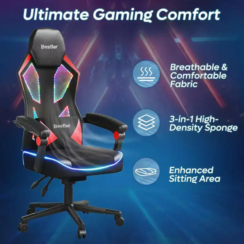 Chaise de jeu Bestier en tissu respirant avec éclairage LED RVB et accoudoirs réglables