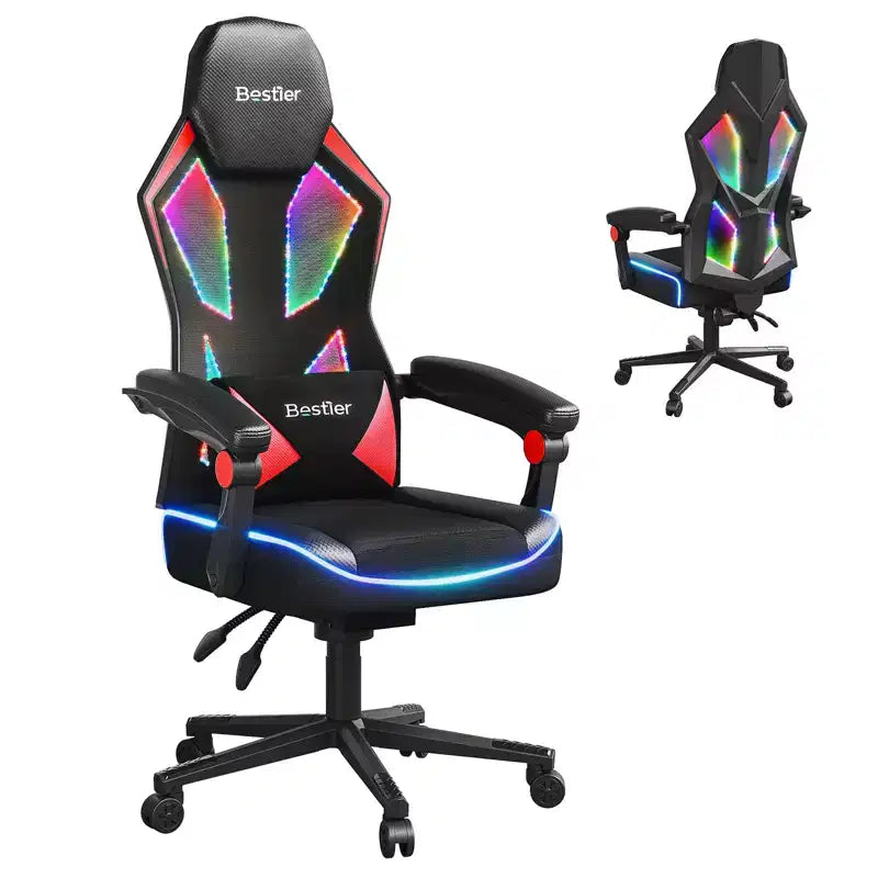 Chaise de jeu Bestier en tissu respirant avec éclairage LED RVB et accoudoirs réglables