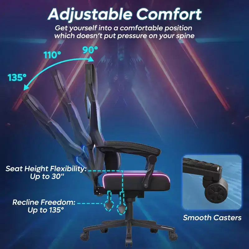 Chaise de jeu Bestier en tissu respirant avec éclairage LED RVB et accoudoirs réglables