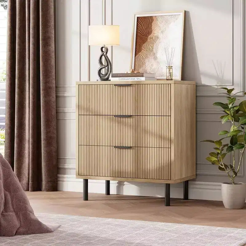 Commode 3 tiroirs ondulés 28" – Sécurité anti-basculement, grande commode de rangement avec pieds en métal pour chambre et entrée