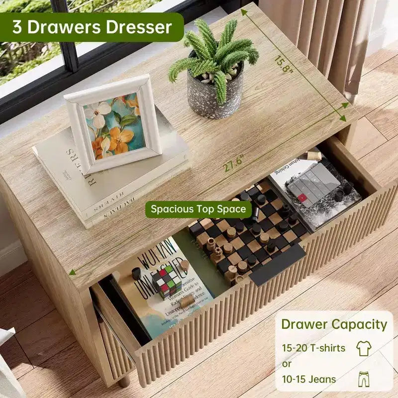 Commode 3 tiroirs ondulés 28" – Sécurité anti-basculement, grande commode de rangement avec pieds en métal pour chambre et entrée