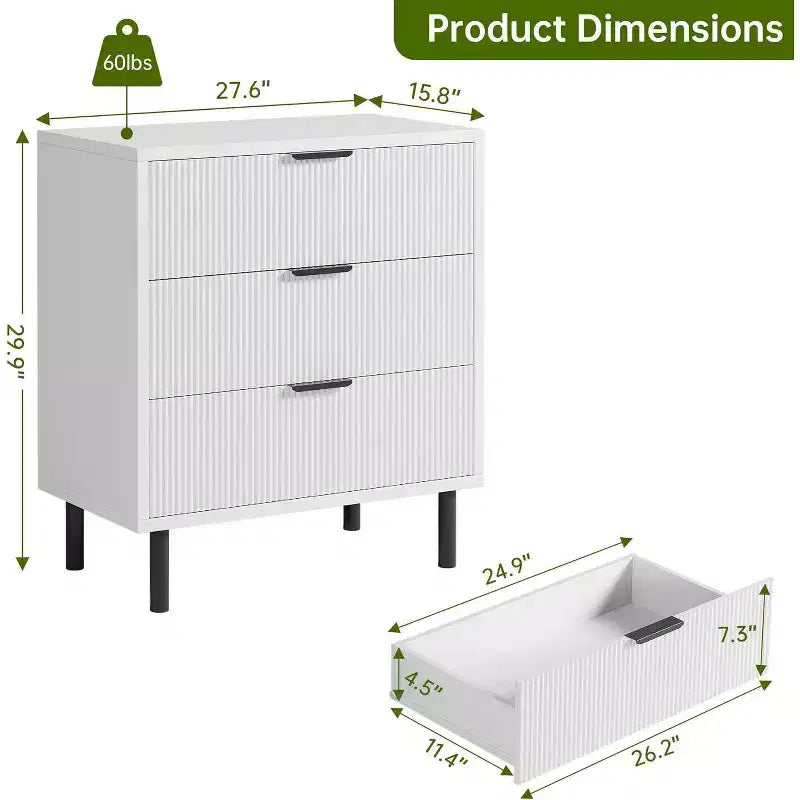 Commode 3 tiroirs ondulés 28" – Sécurité anti-basculement, grande commode de rangement avec pieds en métal pour chambre et entrée