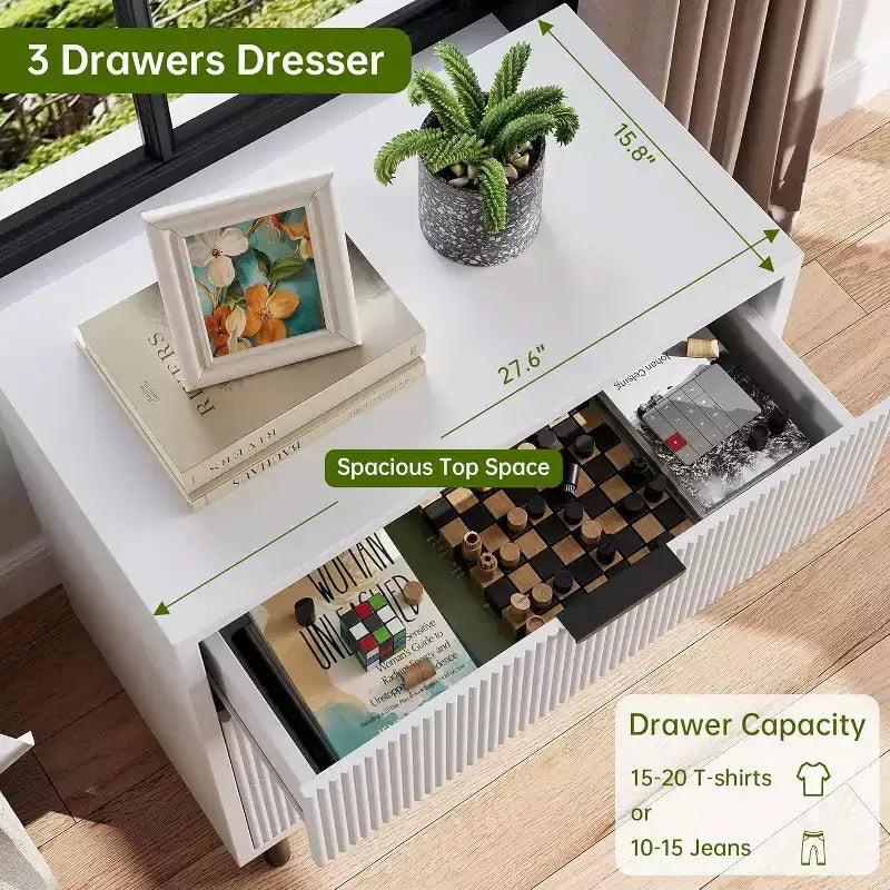 Commode 3 tiroirs ondulés 28" – Sécurité anti-basculement, grande commode de rangement avec pieds en métal pour chambre et entrée