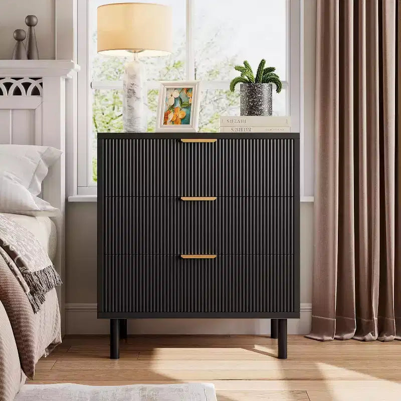 Commode 3 tiroirs ondulés 28" – Sécurité anti-basculement, grande commode de rangement avec pieds en métal pour chambre et entrée