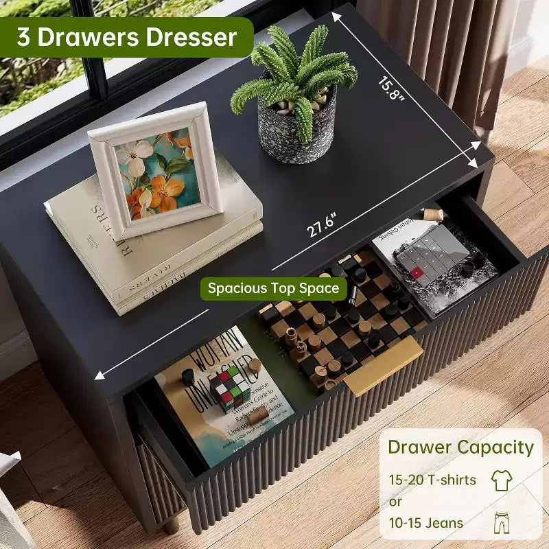 Commode 3 tiroirs ondulés 28" – Sécurité anti-basculement, grande commode de rangement avec pieds en métal pour chambre et entrée