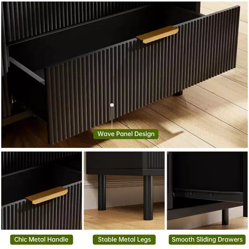 Commode 3 tiroirs ondulés 28" – Sécurité anti-basculement, grande commode de rangement avec pieds en métal pour chambre et entrée